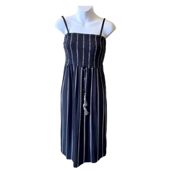 💠 Tribal Jeans Black White Striped Smocked Strappy Sundress - Picture 1 of 10